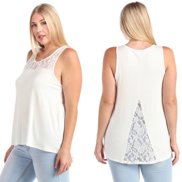 Tops - White Floral Lace Split Back Drapey Tank Top